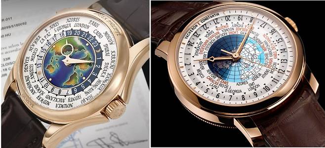 파텍필립의 5231G 컴플리케이션(왼쪽)과 바쉐론 콘스탄틴의 패트리모니 트래디셔널 모델