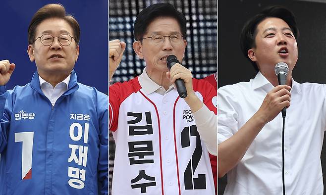 더불어민주당 이재명 대선후보(왼쪽부터), 국민의힘 김문수 대선후보, 개혁신당 이준석 대선후보. 연합뉴스
