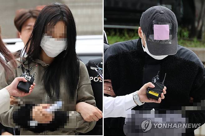 손흥민에 '임신 협박' 남녀 구속심사 (서울=연합뉴스) 이진욱 기자 = 축구 국가대표팀 주장 손흥민의 아이를 임신했다고 주장하며 손씨에게 돈을 뜯어내려 한 20대 여성 양모씨(왼쪽)와 40대 남성 용모씨가 17일 영장실질심사를 받기 위해 서울중앙지법에 들어서고 있다. 2025.5.17 cityboy@yna.co.kr