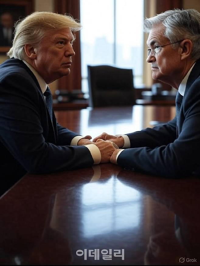 생성형 AI 그록3로 만든 가상의 이미지로 도널드 트럼프 미국 대통령과 제롬 파월 연준 의장이 마주보고 있다.(사진=그록3)