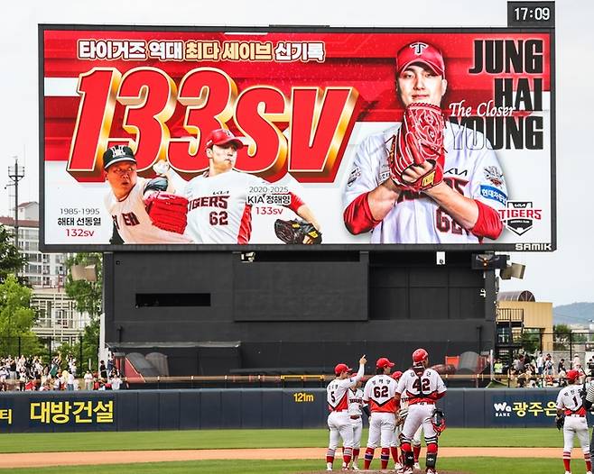 KIA 정해영이 17일 광주-KIA 챔피언스필드에서 열린 두산과 더블헤더 1차전에서 통산 133세이브를 달성해 작성한 구단 새역사가 전광판에 표출되고 있다. 사진 | KIA 타이거즈