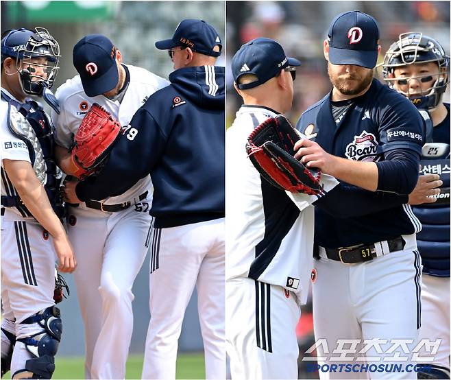 지난 등판에서 양의지와 박정배 코치를 어깨로 밀어내며 불만을 나타냈던 콜어빈이 17일 경기에서는 양의지-박정배 코치와 포옹을 나누며 마운드를 내려갔다. 잠실· 광주=허상욱 기자