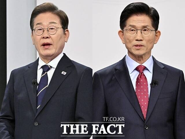 이재명 더불어민주당 대선 후보(왼쪽)는 18일 첫 TV 토론에서 '트럼프 시대의 통상 전략'과 관련해 신중론을 내세웠다. 반면 김문수 국민의힘 후보는 속도전을 앞세웠다. /국회사진취재단