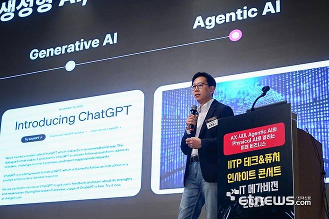 IITP 테크&퓨처 인사이트 콘서트×IT메가비전 2025가 'AX시대, 에이전틱 AI와 피지컬 AI로 열리는 미래 비즈니스를 주제로 16일 서울 서초구 엘타워에서 열렸다. 배경훈 LG AI연구원장이 '에이전틱 AI, 새로운 AI혁명의 시작'을 주제로 기조강연하고 있다.  이동근기자 foto@etnews.com