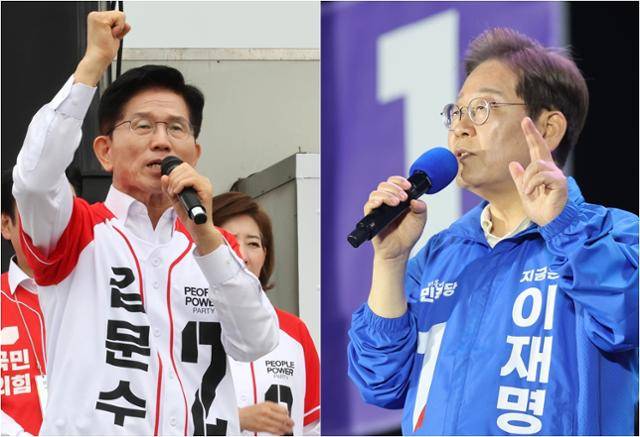 김문수(왼쪽 사진) 국민의힘 대선 후보가 16일 경기 수원시 지동시장에서 유권자들에게 지지를 호소하고 있다. 오른쪽은 이재명 더불어민주당 대선 후보가 15일 전남 목포시 평화광장에서 유세 연설을 하는 모습. 뉴스1·목포=뉴시스