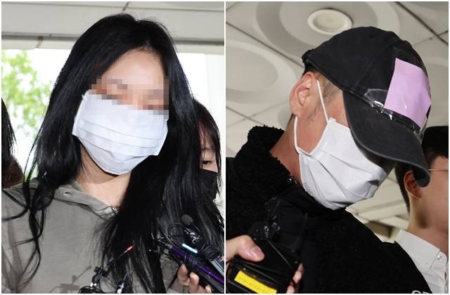 축구 국가대표팀 주장 손흥민의 아이를 임신했다고 주장하며 손씨에게 돈을 뜯어내려 한 20대 여성 양모씨(왼쪽)와 40대 남성 용모씨가 17일 영장실질심사를 받기 위해 서울중앙지법에 들어서고 있다. 연합뉴스