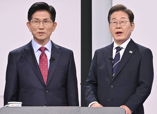 18일 오후 SBS프리즘타워 스튜디오에서 열린 제21대 대통령선거 후보자 토론회에 참석한 국민의힘 김문수(왼쪽) 후보와 더불어민주당 이재명 후보. 국회 사진공동취재단