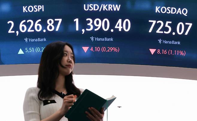 16일 서울 중구 하나은행 본점 딜링룸 전광판. /사진=뉴스1