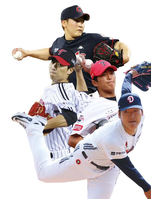 위부터 롯데 자이언츠 최준용, LG 트윈스 이정용, KIA 타이거즈 이의리 두산 베어스 곽빈 ⓒ연합뉴스