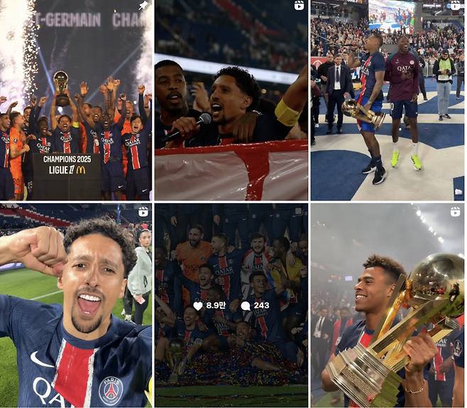 ▲ 파리 생제르맹 공식 채널에서 주전급 선수들이 우승에 환호했지만 이강인의 '단독샷'은 없었다