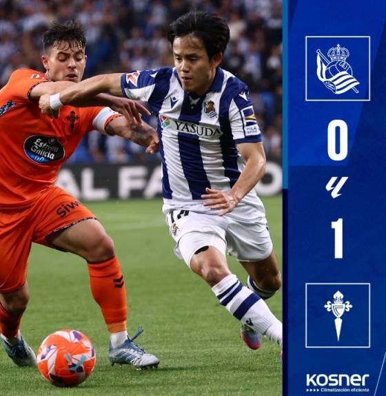 쿠보 타케후사(오른쪽)가 14일(한국시간) 스페인 산세바스티안의 레알레 아레나에서 열린 레알 소시에다드 대 셀타 비고의 '2024~2025시즌 스페인 라리가' 36라운드에서 볼 경합을 펼치고 있다. /사진=레알 소시에다드 공식 SNS 갈무리