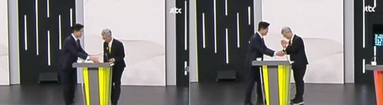 권영국 민주노동당 대선 후보가 전날 첫 TV 토론회가 끝난 뒤 김문수 국민의힘 대선후보의 악수 요청을 거절하는 모습. 〈사진=JTBC 자료화면 캡처〉