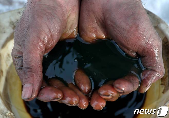 러시아 이르쿠츠크 지역에 있는 이르쿠츠크 석유회사 소유의 야락타 유전에서 한 직원이 원유 샘플을 들고 있는 모습 로이터/바실리 페도센코/파일 사진 ⓒ 로이터=뉴스1 ⓒ News1 신기림 기자