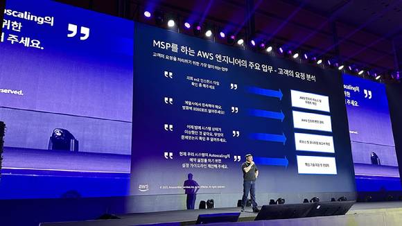 지난 14일부터 이틀 간 서울 강남구 코엑스에서 열린 '아마존웹서비스(AWS) 서밋 서울 2025'에서 구상원 베스핀글로벌 이사가 인공지능(AI) 기반 클라우드 운영 자동화 솔루션 '헬프나우 오토MSP'에 대해 발표하고 있다. [사진=베스핀글로벌]