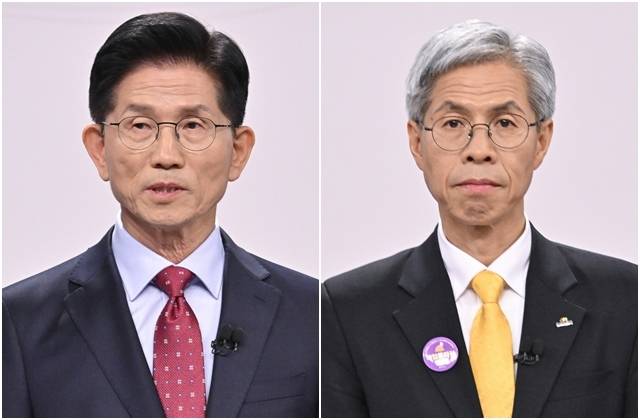 18일 제21대 대선 1차 후보자 토론회에 참석한 김문수 국민의힘 후보(왼쪽 사진)과 권영국 민주노동당 후보. 국회사진기자단