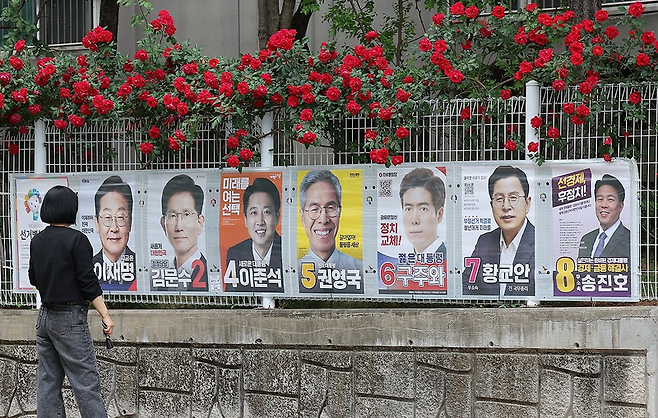 15일 대구 중구 남산동에서 한 유권자가 제21대 대통령 선거 벽보를 살펴보고 있다. / 사진 = 연합뉴스