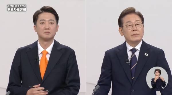 ▲2025년 5월 18일 중앙선거방송토론위원회 주관으로 진행된 제21대 대통령선거 초청1차 후보자토론회. 왼쪽부터 개혁신당 이준석, 더불어민주당 이재명 후보. 사진=중앙선거방송토론위원회 유튜브