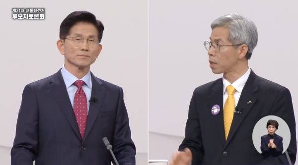 ▲2025년 5월 18일 중앙선거방송토론위원회 주관으로 진행된 제21대 대통령선거 초청1차 후보자토론회. 왼쪽부터 국민의힘 김문수, 민주노동당 권영국 후보. 사진=중앙선거방송토론위원회 유튜브