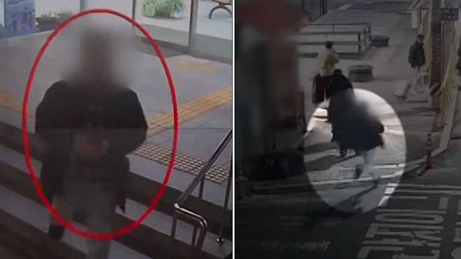 한 40대 남성이 일면식 없는 여성을 어깨로 밀치고 달아나고 있다. /사진=MBN 갈무리