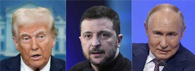 트럼프 미국 대통령(왼쪽부터), 젤렌스키 우크라이나 대통령, 푸틴 러시아 대통령. 연합뉴스