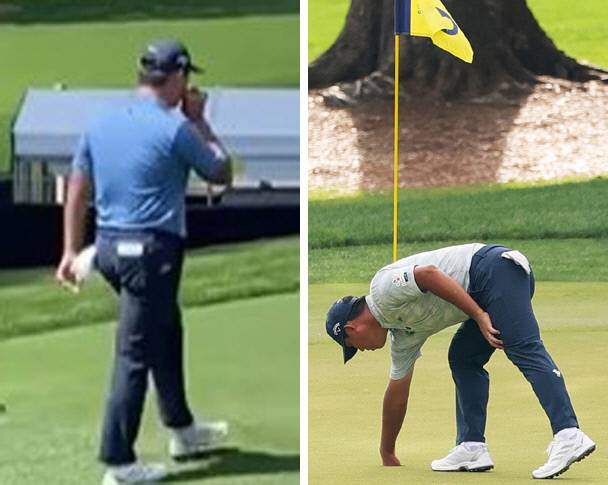 김시우가 지난 16일 PGA 챔피언십 1라운드 도중 담배를 피우며 걸어가고 있다. 오른쪽 사진은 17일 2라운드 6번 홀에서 홀인원을 성공시킨 뒤 홀에서 자신의 공을 꺼내고 있는 김시우. 게티이미지코리아·SNS 캡처