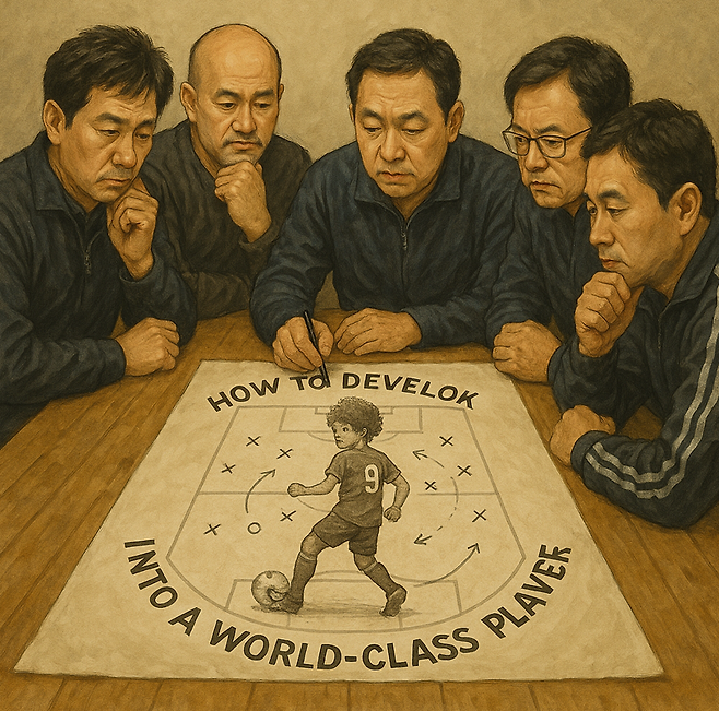 월드클래스 선수를 육성하기 위해 고민하는 감독들 이미지. chatgpt 4o