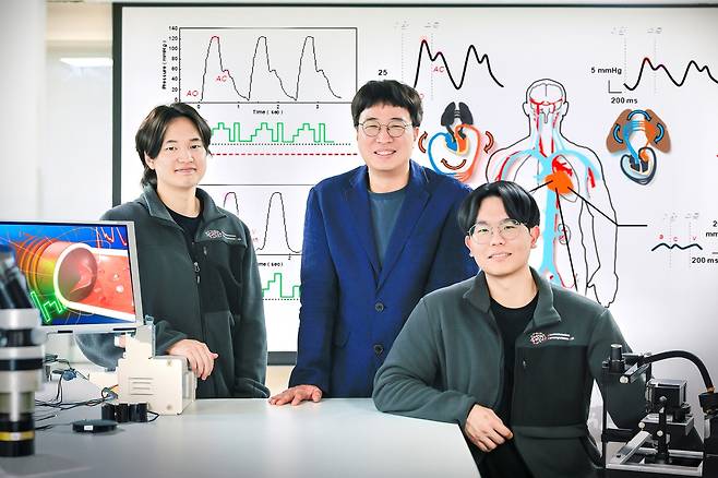 심혈관 모사장치 개발한 경희대 연구팀 왼쪽부터 정구윤 연구원, 박윤석 교수, 유정민 연구원. [유정민 연구원 제공. 재판매 및 DB 금지]