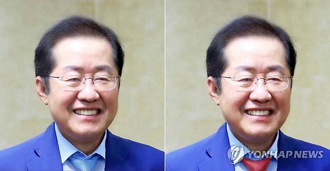 홍준표 SNS 사진 속 넥타이, 파란색에서 빨간색으로 변경 (서울=연합뉴스) 홍준표 전 대구시장이 19일 페이스북 커버사진을 파란 넥타이를 착용한 사진(왼쪽)으로 게시했다가 4시간 뒤 빨간 넥타이 사진으로 변경했다.
    당 대선 후보 경선에서 탈락한 뒤 탈당해 하와이로 향한 홍 전 시장은 이날 국민의힘 김문수 대선 후보 선거대책위원회 특사단을 만났다. 2025.5.19 [홍준표 페이스북 캡쳐. 재판매 및 DB 금지] photo@yna.co.kr