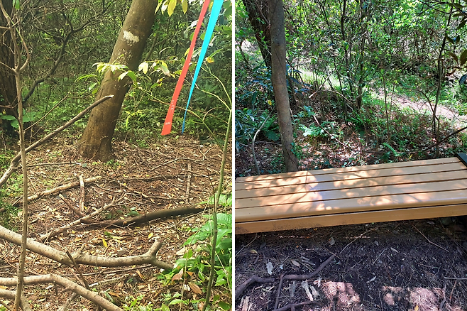 (좌) 토지주가 문제 제기하자 시설물 철거된 모습 (우) 토지주 허가 없이 조성된 올레길 벤치