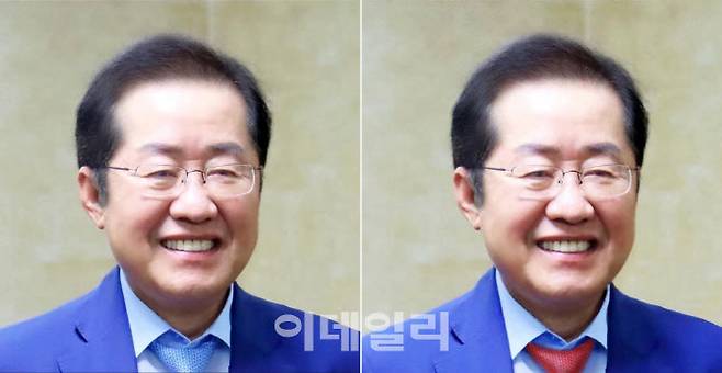 홍준표 전 대구시장이 19일 페이스북 프로필 사진을 파란 넥타이를 착용한 사진(왼쪽)으로 게시했다가 4시간 뒤 빨간 넥타이 사진으로 변경했다.