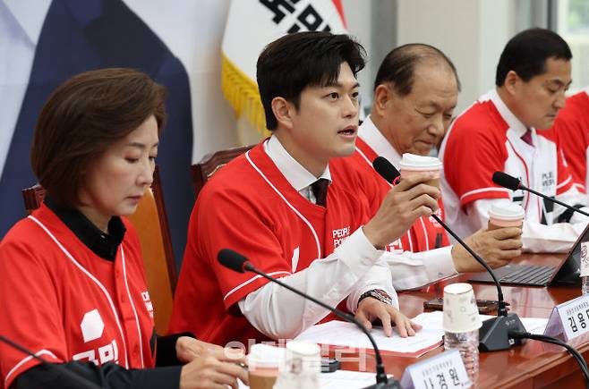 김용태 국민의힘 공동선거대책위원장이 지난 19일 오전 서울 여의도 국회에서 열린 중앙선거대책위원회 회의에서 모두발언을 하고 있다. (사진=이데일리 노진환 기자)