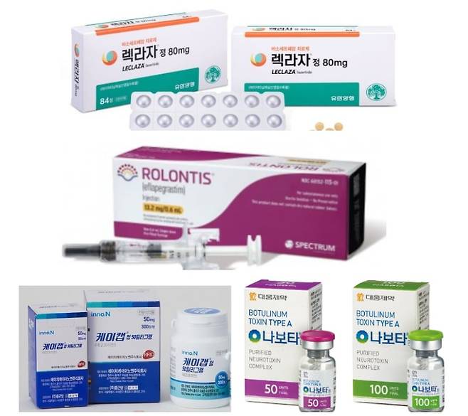 한국 제약바이오기업이 개발한 국산 신약.(위부터) 유한양행이 개발한 렉라자, 한미약품이 개발한 롤론티스, HK이노엔이 개발한 케이캡, 대웅제약이 개발한 나보타. /각사