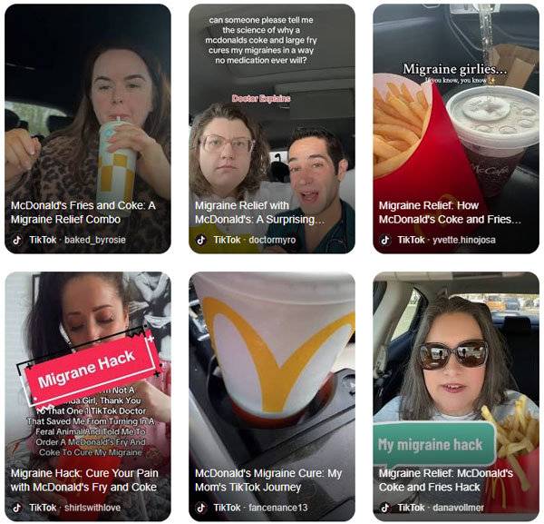 감자튀김과 콜라 조합으로 편두통 해소 효과를 봤다고 주장하는 틱톡 영상들.