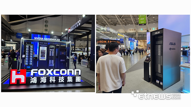 20일(현지시간) 대만 타이베이 난강전시관에서 개막한 '컴퓨텍스 2025'에서 대만 제조사인 폭스콘(왼쪽)과 에이수스는 엔비디아의 GB300 NV링크72를 전시장 전면에 내걸었다. (사진= 김영호 기자)