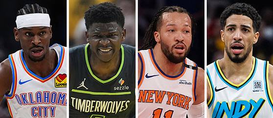 NBA 4강 주역들. 왼쪽부터 샤이 길저스-알렉산더(오클라호마시티 선더스), 앤서니 에드워즈(미네소타 팀버울브스), 제일런 브런슨(뉴욕 닉스), 타이리스 할리버튼(인디애나 페이서스). 오클라호마시티와 미네소타의 1차전은 21일, 뉴욕과 인디애나는 22일 붙는다. [AP·AFP=연합뉴스]