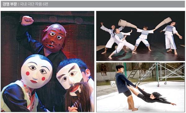왼쪽부터 시계방향으로 극단 맥의 연극 ‘비나리’, 하땅세의 가족극 ‘고래바위에서 기다려’, 초록소의 컨템포러리 서커스 공연 ‘서페이스’.  부산국제연극제 제공