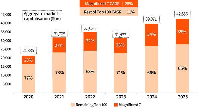 시가총액 상위 100개 기업의 가치 추이 및 매그니피센트7의 비중 변화. /사진제공=삼일PwC