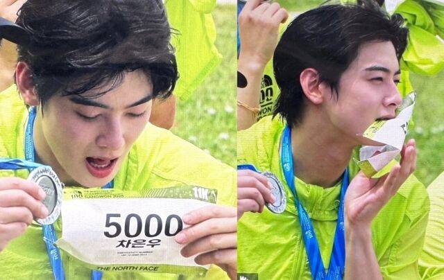 그룹 아스트로 멤버 겸 차은우가 마라톤 완주 직후 메이크업이 지워진 모습이 포착됐다. / 온라인 커뮤니티
