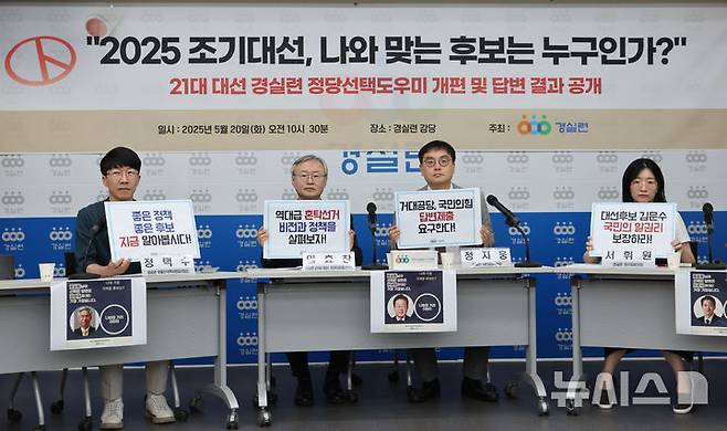 [서울=뉴시스] 황준선 기자 = 경실련 21대 대선 유권자운동본부가 20일 오전 서울 종로구 경제정의실천시민연합에서 경실련 정당선택도우미 전면 개편 및 21대 대선 각 정당 답변 공개 기자회견을 하고 있다. 2025.05.20. hwang@newsis.com