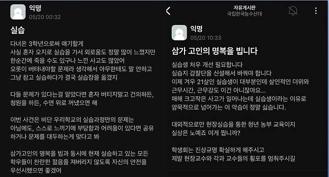 한국농수산대학교 에브리타임 화면 캡처 [독자 제공. 재판매 및 DB 금지]