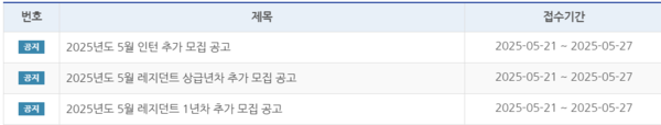 21일 제주대학교병원 홈페이지에 올라온 전공의 추가 모집 공고.