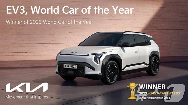 기아가 세계 최고 권위의 자동차 상인 ‘2025 월드카 어워즈(2025 World Car Awards)’에서 EV3가 ‘세계 올해의 자동차(World Car of the Year, WCOTY)’에 선정됐다고 밝혔다. (현대차·기아 제공. 재판매 및 DB 금지) 2025.4.20/뉴스1 ⓒ News1 김진환 기자