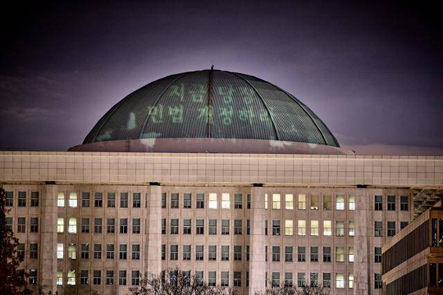 동물은물건이아니다연대가 2023년 국회의사당 지붕에 '동물은 물건이 아니다'라는 민법 일부개정안 통과를 촉구하는 빔프로젝션 퍼포먼스를 벌였다. 동물은물건이아니다연대 제공