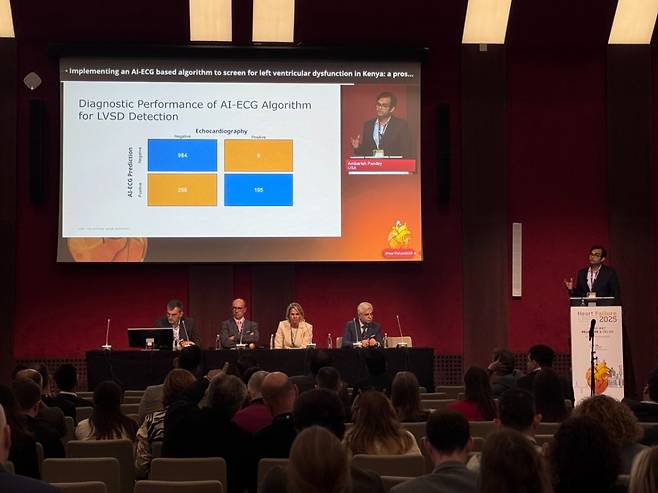 '암바리시 판데이' 텍사스대학교 사우스웨스턴 메디컬센터 박사(사진 맨 왼쪽)가 AiTiALVSD를 활용한 연구 성과에 대해 ESC행사에서 발표 중이다/사진제공=메디컬에이아이