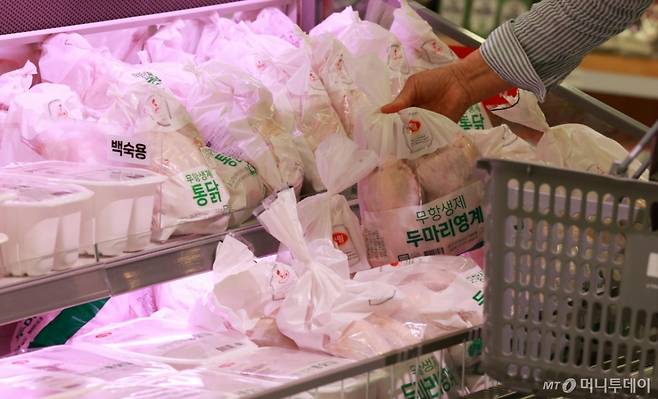 [서울=뉴시스] 고범준 기자 = 한국농촌경제연구원 농업전망 통계에 따르면 지난해 한국인 1인당 평균 소비한 닭고기는 20마리를 훌쩍 넘어 소비량이 20년 만에 두 배로 늘어난 것으로 나타났다. 닭고기 수입량은 수출량보다 훨씬 많아 지난해 국내 소비량이 78만9000t으로 생산량(60만7000t)을 30% 웃돈 것을 감안할 때 국내에서 도축한 닭고기와 수입 닭고기를 합치면 1인당 소비량은 26마리까지 늘어난다.   사진은 22일 서울의 한 대형마트에서 소비자들이 닭고기를 살펴보고 있다. 2024.07.22. bjko@newsis.com /사진=고범준