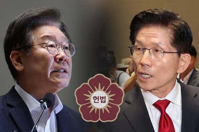 이재명 더불어민주당 대선 후보(왼쪽)와 김문수 국민의힘 대선 후보의 모습. 가운데는 헌법재판소 로고 ⓒ연합뉴스·헌법재판소