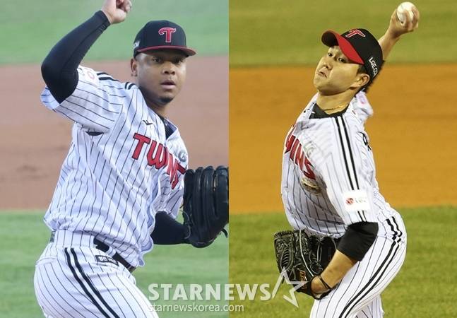 LG 엘리에이저 에르난데스(왼쪽)와 유영찬. /사진=김진경 대기자