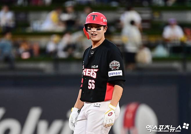 KIA 타이거즈 오선우가 20일 수원 KT위즈파크에서 열린 2025 신한 SOL Bank KBO리그 KT 위즈와의 팀 간 4차전에 2번타자 겸 1루수로 선발출전, 4타수 2안타 1득점을 기록했다. 사진 박지영 기자