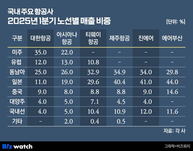 국내 주요 항공사 2025년 1분기 노선별 매출 비중./그래픽=비즈워치