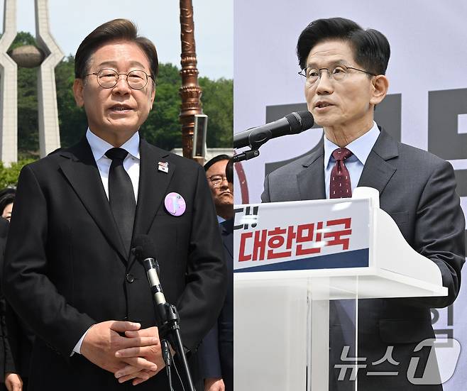 이재명 더불어민주당 대통령 후보(왼쪽)가 18일 광주 북구 국립5·18민주묘지에서 열린 '제45주기 5·18 민주화운동기념식'에 참석한 뒤 취재진 질문에 답하고 있다. 오른쪽은 여의도 당사에서 경제 분야 공약을 발표하는 김문수 국민의힘 후보. 2025.5.18/뉴스1 ⓒ News1 안은나 기자,이재명 기자